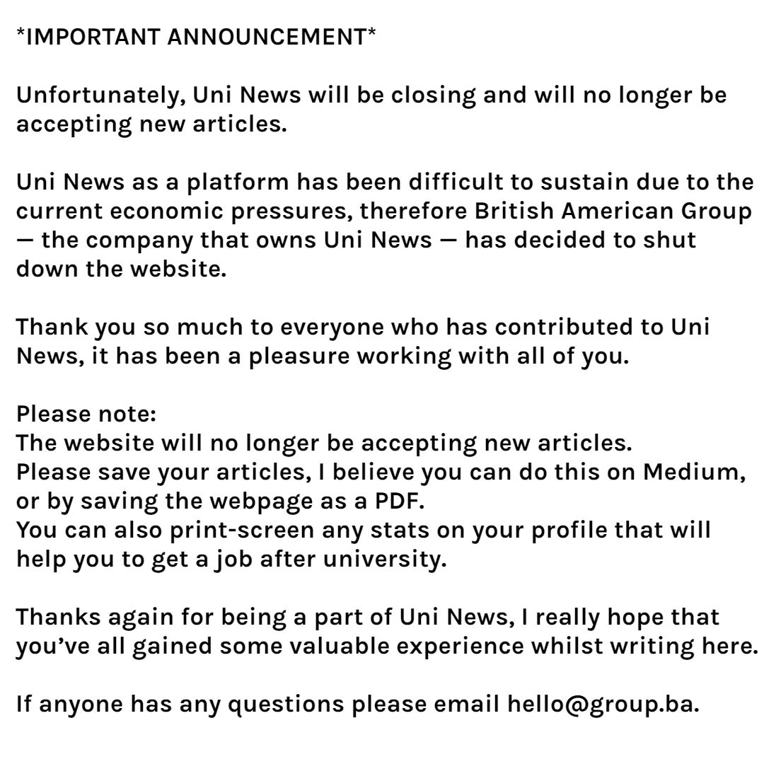 📢 We have an important announcement to make 📢

Due to the current economic pressures, British American Group — the company that owns Uni News — has decided to shut down the website.
 
Thank you so much to everyone who has contributed to Uni News.