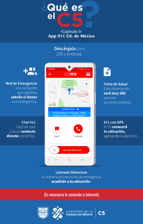 C5_CDMX's tweet photo. ¡Descarga la #App911! En caso de emergencia puedes reportar por medio del chat, es fácil de usar y es un contacto directo con el #911CDMX. #C5 https://t.co/dv2k0yV11P