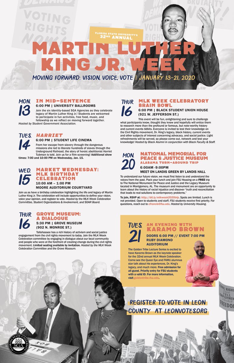 FSUMLKWeek's tweet image. Check out all of the exciting events happening at @floridastate for #MLKWeek2020! The weeklong celebration will include events inspired by the theme “Moving Forward: Vision, Voice, Vote.”