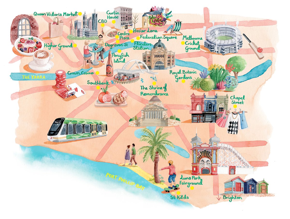 Latest map for World of Cruising Magazine featuring the best spots to visit in Melbourne including lots of great food destinations #melbourne #illustration #map #watercolour #australia