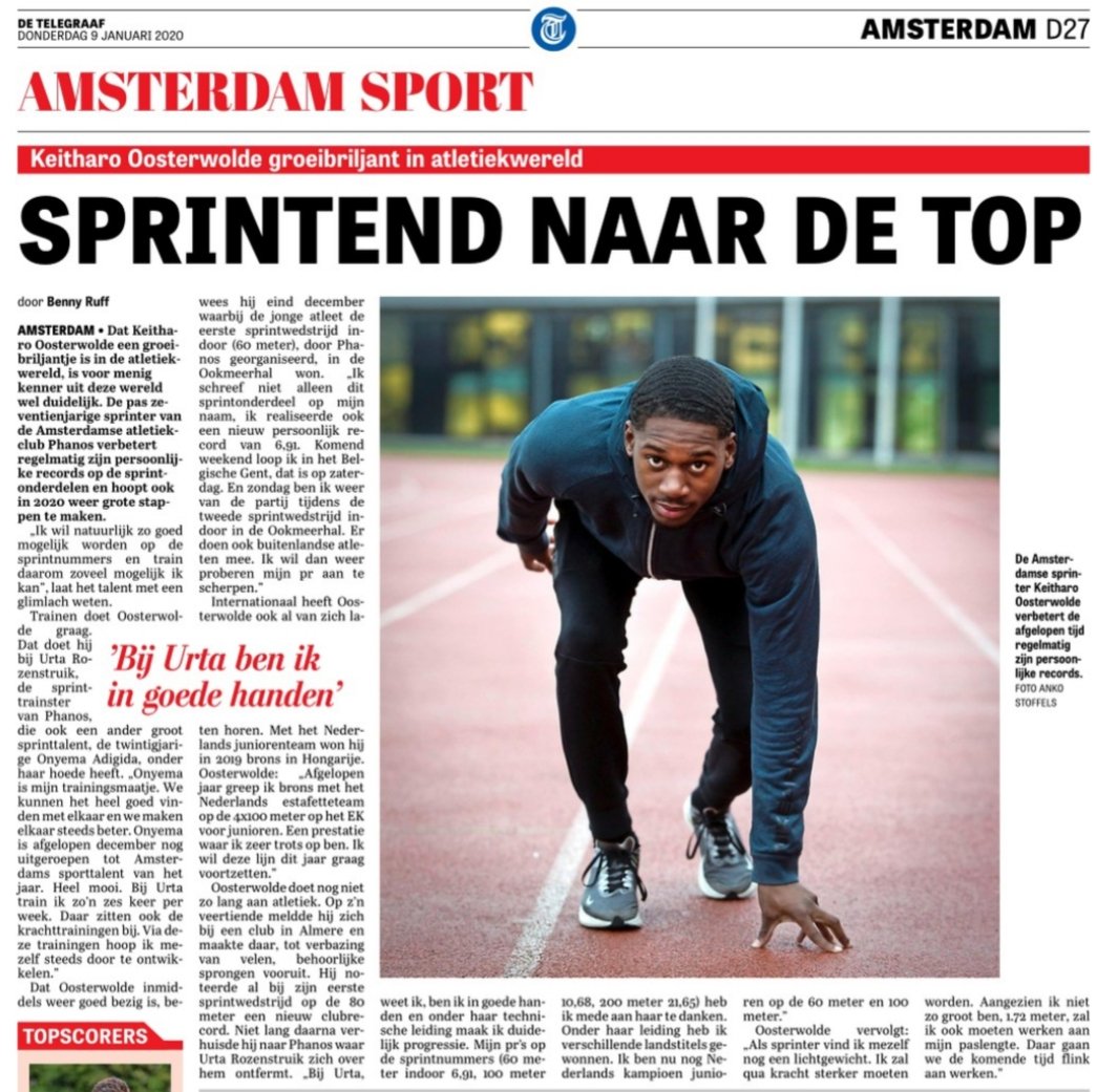 TopatletiekLive's tweet photo. 'Sprintend naar de top'
Keitharo Oosterwolde afgelopen week in de Amsterdam Sportbijlage van de #Telegraaf. Liep zondag 6.85s op de #60m https://t.co/VBKJpet1uK