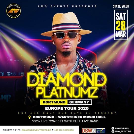 WarsteinerHall's tweet photo. DIAMOND PLATNUMZ

Der Afrobeat Mega Superstar kommt im Rahmen seiner Europe Tour am 28.03.20 zu uns nach Dortmund.
Im Gepäck hat er zum ersten mal seine komplette Live Band aus Africa. Tickets gibt es ab sofort unter https://t.co/tIo2BSbyh9 https://t.co/Q6Gf9PaKaD