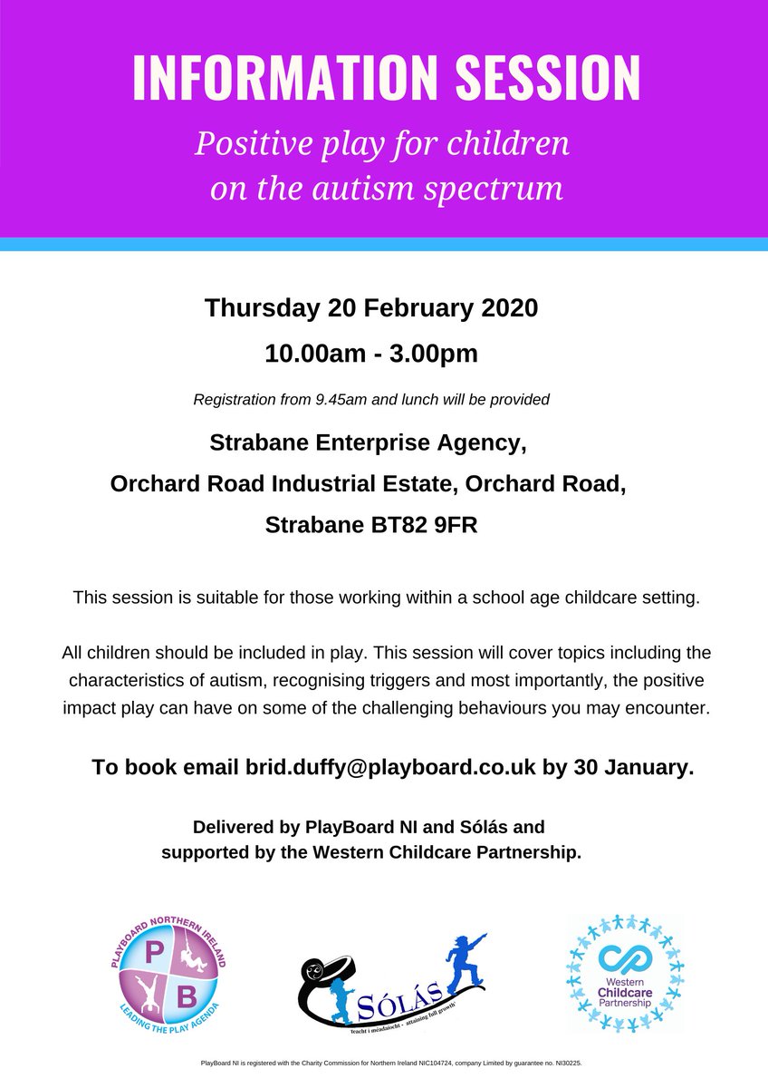 Free Info Session - Positive play for children on the autism spectrum on Thurs 20 Feb, 10am - 3pm at #Strabane Enterprise Agency. This session is suitable for those working within a school age childcare setting. To book email brid.duffy@playboard.co.uk by 30 Jan.