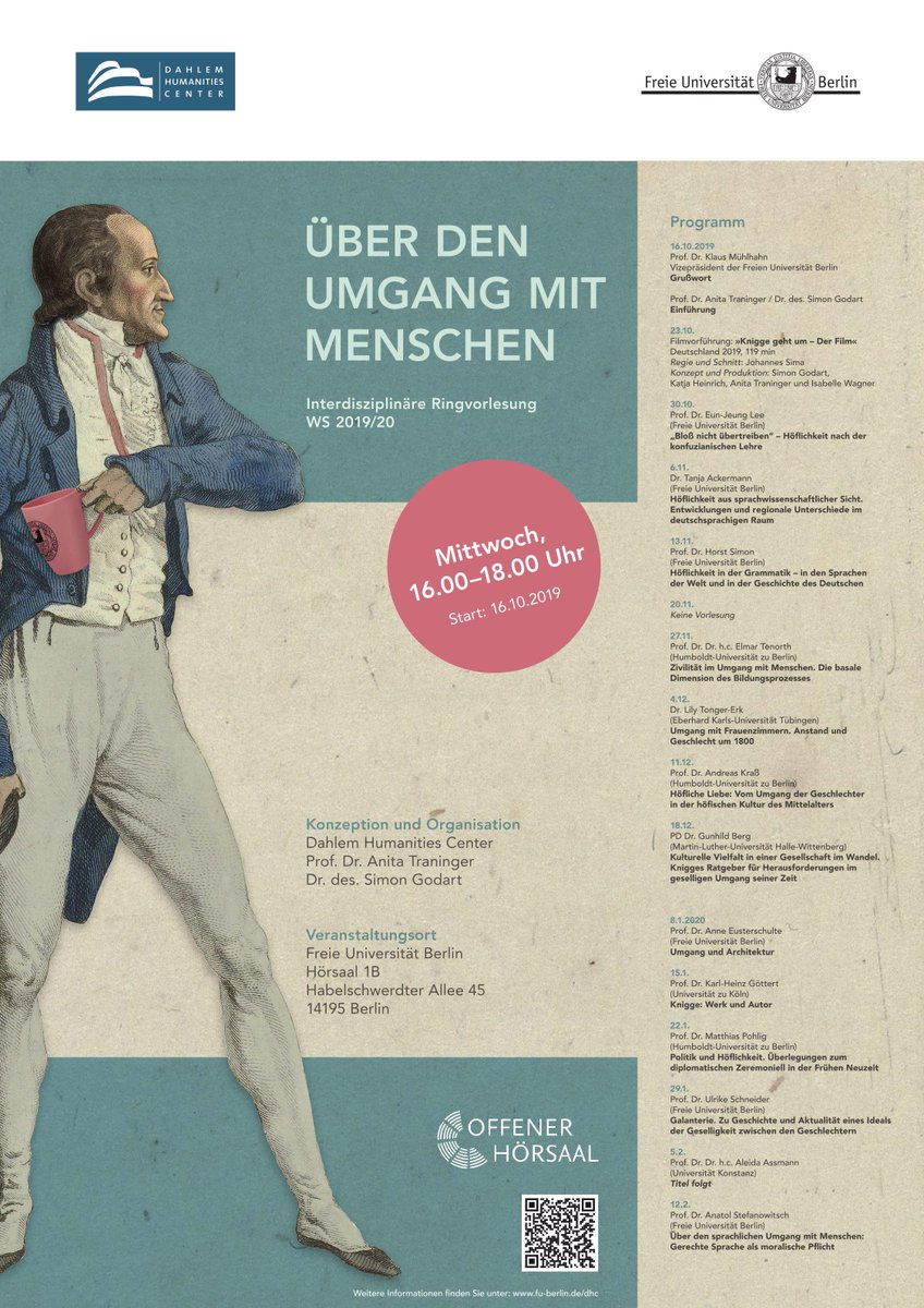 Über den Umgang mit Menschen - so heißt eine aktuelle Ringvorlesung an der <a href="/FU_Berlin/">Freie Universität</a> zum Thema #Anstand. Jeden Mittwoch, 16-18 Uhr, noch bis Mitte Februar. Freie Universität Berlin, Hörsaal 1B, Habelschwerdter Allee 45, 14195 Berlin: fu-berlin.de/sites/dhc/prog…