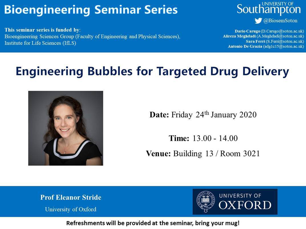 BioSemSoton's tweet image. The first Bioengineering seminar of 2020 will be given by Eleanor Stride from @UniofOxford. Don’t forget to come to find out more about engineering bubbles for targeted drug delivery! @MiNaTherGroup @uos_bioengsci @UoS_Medicine @UoSEngineering