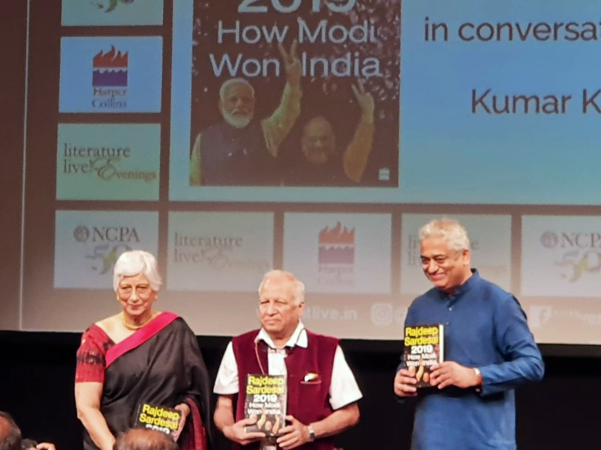 HarperCollinsIN's tweet photo. The launch of @sardesairajdeep's latest book #2019HowModiWonIndia at @NCPAMumbai with Rajdeep's mother Nandini Sardesai and @KumarKetkar. https://t.co/oMdAnpLIPo