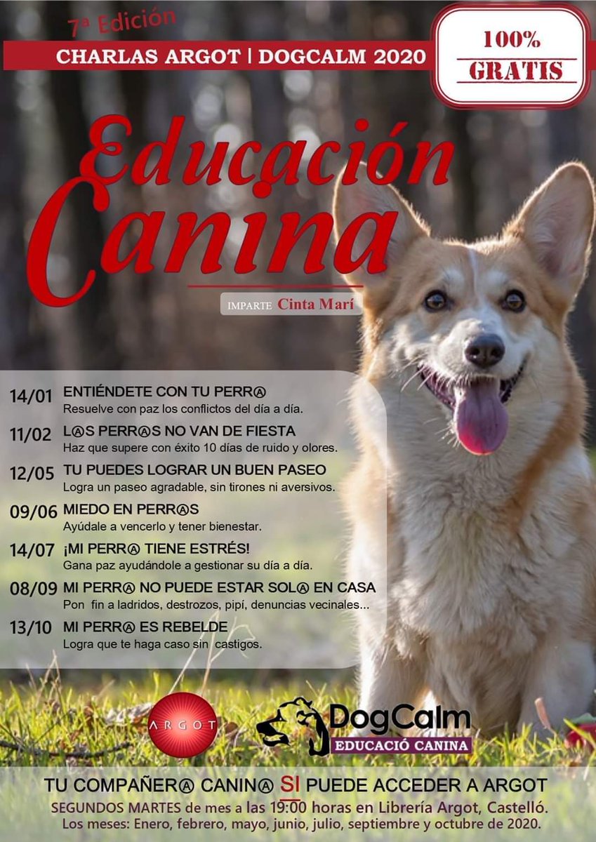 DogCalm's tweet image. Mañana estrenamos 7a temporada
con la charla: Entiéndete con tu perro, resuelve con paz los conflictos en el día a día. 
Mira el calendario del 2020 
#charlaGratuita #dogcalm #libreriaArgot #EducacioCanina #EducacioCaninaCastello #Castello #DesdeElRespeto  #BenestarAnimalCastello