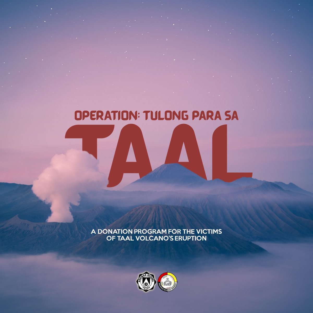aquinasDYG's tweet photo. Following the devastating and ongoing eruption of the Taal Volcano located in the province of Batangas, the school's Outreach Ministry is now accepting donations (used clothes, canned goods, etc.) through 'Operation: Tulong para sa Taal'. 

[1/2] https://t.co/pgDrFtQXuV