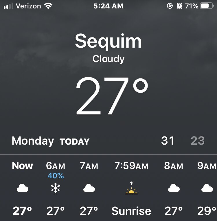 SequimUSA's tweet photo. Drive Safe: slow down and be prepared with blankets, hand warmers, &amp; water. #LetitSnow https://t.co/cijiuCZ4dj