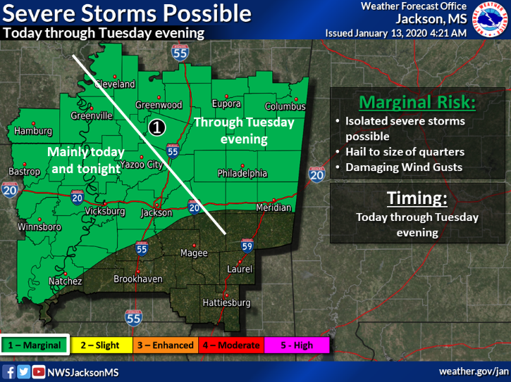 HindsCCSafety's tweet photo. Severe Thunderstorms are possible #HindsCC Today through tonight. 

Main Threats: Large Hail, Damaging Wind Gusts.

Flooding will be possible over the area through Wednesday. #TurnAroundDontDrown

#HCCWeather #HCCREADY https://t.co/EAmicy4csj