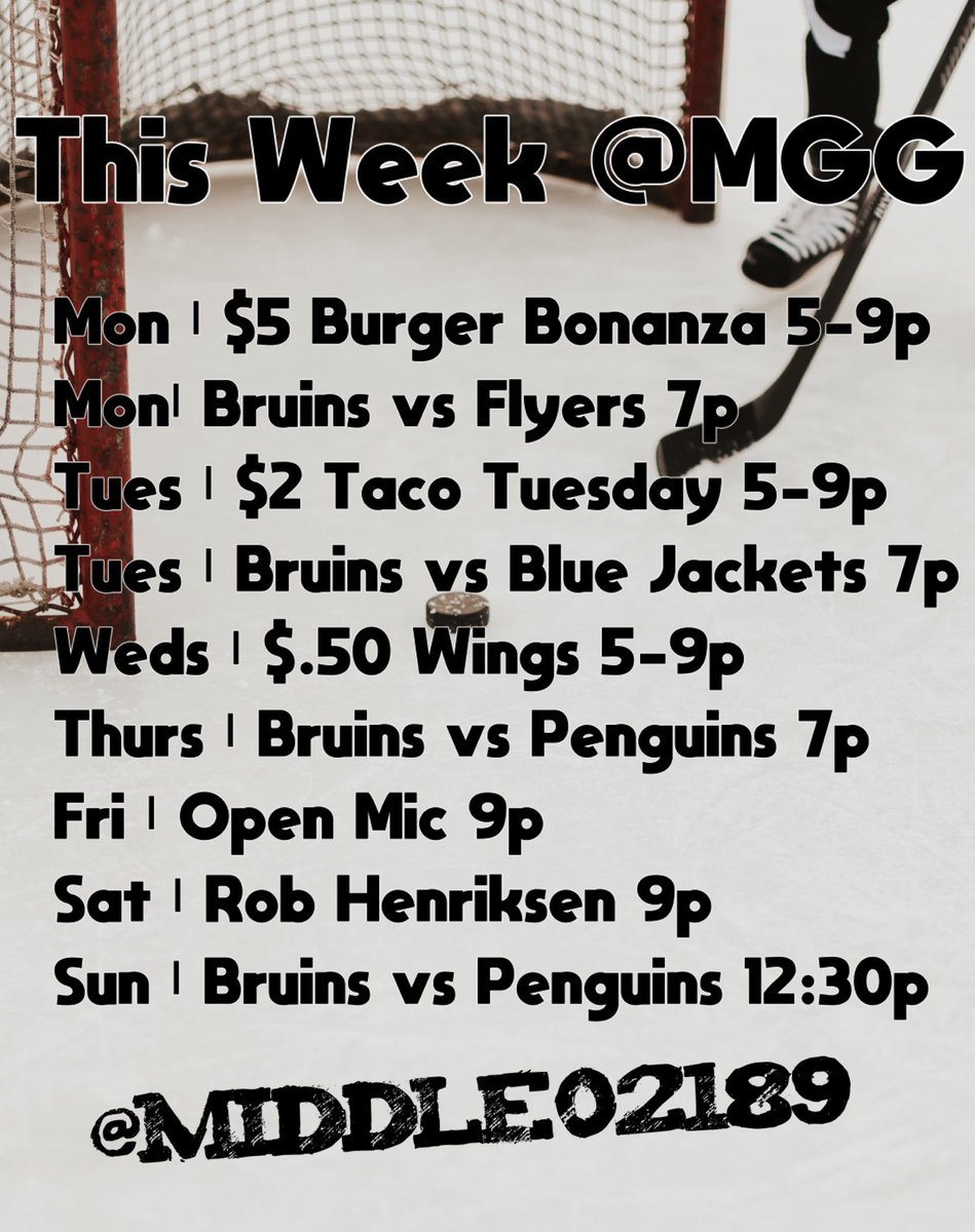 middle02189's tweet photo. #bruins taking over our screens alllll weeek! 

Mon | $5 #Burger Bonanza 5-9p
Mon| Bruins vs #Flyers 7p
Tues | $2 #TacoTuesday 5-9p
Tues | Bs vs Blue Jackets 7p
Weds | $.50 #Wings 5-9p
Thurs | Bs vs #Penguins 7p
Fri | #OpenMic 9p
Sat | Rob Henriksen 9p
Sun | Bs vs Penguins 12:30p https://t.co/BgFwzL1Mvf