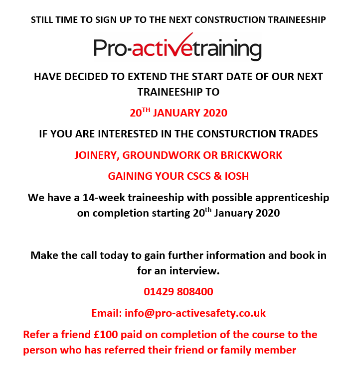 REEFER A FRIEND OR FAMILY MEMBER AND ON THEIR COMPLETION OF THE COURSE YOU WILL RECEIVE £100
CALL TODAY FOR FURTHER INFORMATION 01429 808400