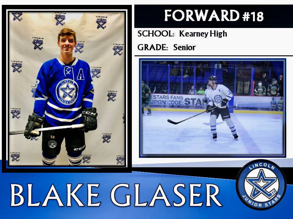 ljstarshockey's tweet photo. Blake Glaser #18 is a forward for the Lincoln Junior Stars. This is his 4th season with the Lincoln Junior Stars. In addition to his success on the ice, Blake is currently a senior at Kearney HS. His favorite subject in school is AP Chemistry. #ljstarshockey #senior @bglaser14 https://t.co/XRl3lUeSvE