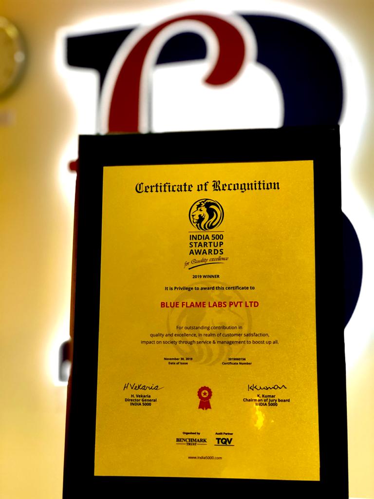 BlueFlame_Labs's tweet photo. Its a proud moment for the entire BFL Team to be nominated &amp; awarded "India 500 Startup Awards 2019 Winner". This is an ode to the teamwork &amp; dedication that every BFL member puts in everyday. This award goes to every member of our team. Thank you all for your contribution. https://t.co/gaNj17CFyI