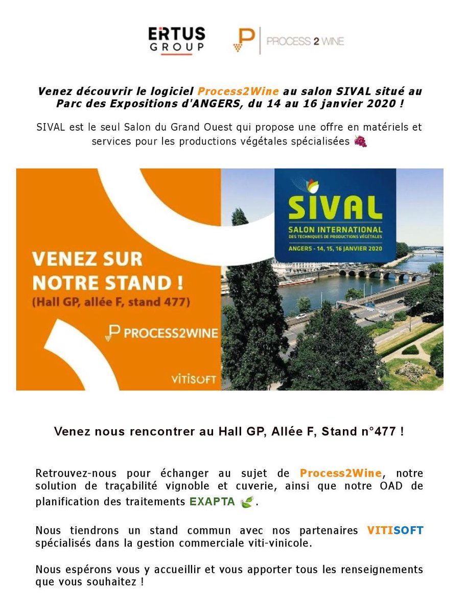 Pour commencer cette nouvelle année, venez nous rencontrer au salon SIVAL à partir de demain et jusqu'au 16 janvier au Parc des Expositions à Angers 📍
Nous serons présents au HALL GP, Allée F sur le stand n°477 en compagnie de nos partenaires <a href="/Vitisoft/">Vitisoft</a> 🍇
