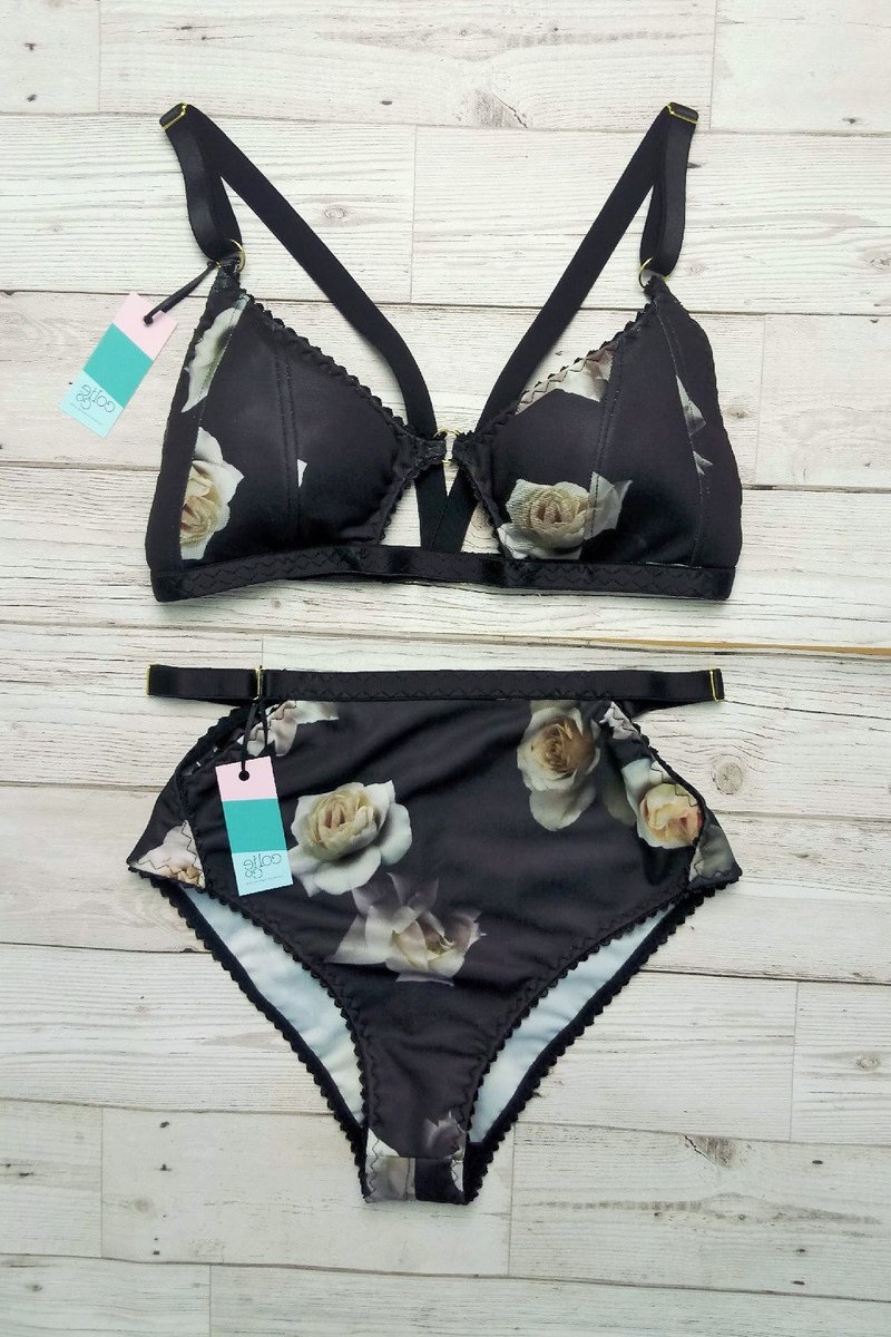 colie_co's tweet image. LAST ONE! soft cup bra - strappy bralette with cut out design in reclaimed black floral print scuba jersey fabric, sustainable lingerie tuppu.net/7352b14b #Handmade #ColieCo #EthicalFashion #EthicalLingerie #SustainableFashion