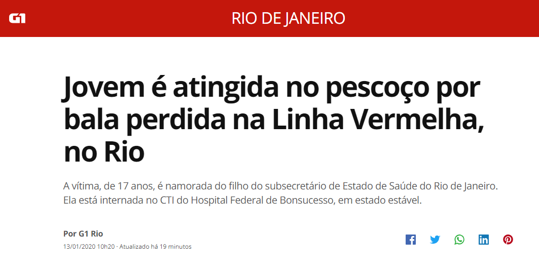 Uma adolescente de 17 anos foi atingida por uma bala perdida neste domingo (12), quando passava de carro pela Linha Vermelha. Ela estava acompanhada da esposa e dos dois filhos do subsecretário de Estado de Saúde do Rio de Janeiro, que não se feriram. g1.globo.com/rj/rio-de-jane…