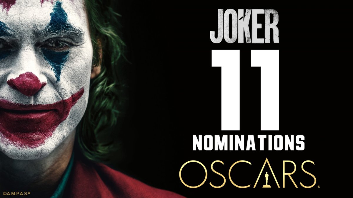 'JOKER' leads all movies with 11 nominations at the #Oscars:
Best Picture
Best Director
Best Actor
Best Screenplay - Adapted
Best Cinematography
Best Original Score
Best Sound Editing
Best Sound Mixing
Best Film Editing
Best Costume Design
Best Makeup & Hairstyling