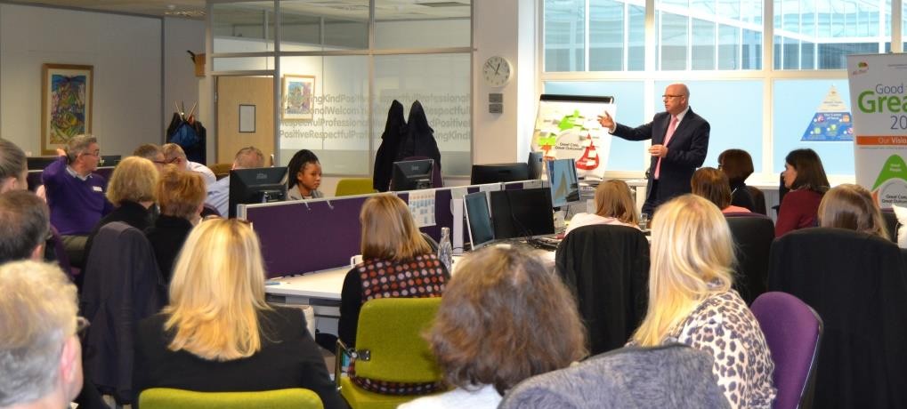 HPFT_NHS's tweet photo. Day one of our Good to Great Roadshows 2020, with our Chief Exec @CahillT1 asking for suggestions about how the organisation can continually support staff to feel valued, supported, engaged and fulfilled at work #BuildingOnOutstanding https://t.co/T4698prpvI