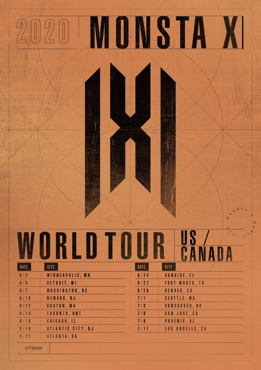 OfficialMONSTAX's tweet photo. [#MONSTA_X] 
2020 #MONSTAX 
WORLD TOUR : U. S. / CANADA

Tickets on sale: 
2020.01.17 3PM (EST) 

#monstaxworldtour2020 https://t.co/Ofb4M6AyZm