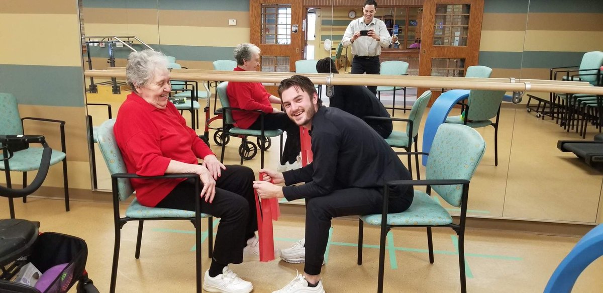 Taunton_Mills's tweet image. Mitch Wolf is LTC&apos;s Kinesiologist and is putting smiles on resident&apos;s faces, while making sure the Program for Active Living is fun, effective and geared to each resident. Here&apos;s one example of the fun he has at work. #PALprogram #ThrillsatTauntonMills #Fun