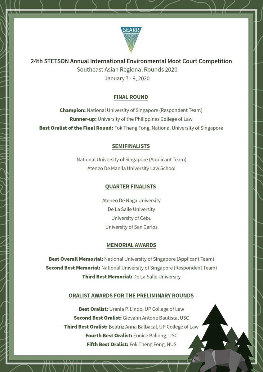 swamp_prof's tweet photo. Results of the @stetsonlaw Southeast Asian Regional Rounds, hosted by UP Law. Advancing to the International Finals: Nat'l Univ of Singapore @nus_law (2 teams), Univ of the #Philippines &amp; Ateneo de Manila Univ @ateneodemanilau. Congratulations to all! https://t.co/EatmSC1O4D