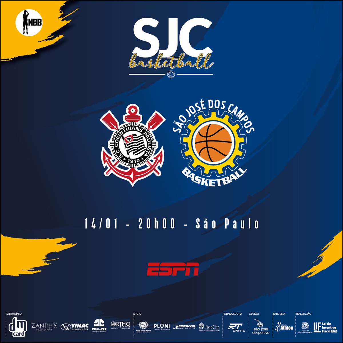 sjcbasket's tweet photo. 🏀 Primeiro jogo do SJB no 2º turno do NBB. 🏀
#NadaVaiNosSeparar #VamosAguia #SaoJoseBasketball #NBBCaixa #LNB #DmCard #Zanphy #Vinac #Poli-Pet #OrthoService #Plani #Emercor #ValeFightClub #PMSJC #FisioClin #RTSports #InstitutoAthlon #SaoJoseDesportivo #VcNuncaViuNadaIgual https://t.co/ojRqS6gxtn