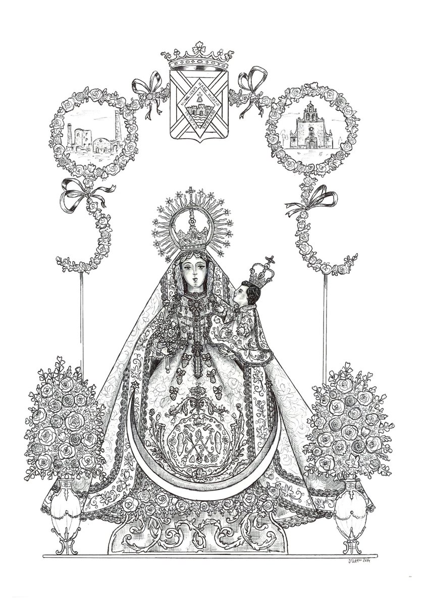 "CORONADAS Y JAENERAS".
Colección de las Imágenes Patronales Coronadas en la provincia de Jaén.
A3. Bolígrafo y lápiz. III parte.
5. Virgen del Castillo, Patrona de Vilches. 1971.
6. Virgen de Linarejos, Patrona de Linares. 2004.