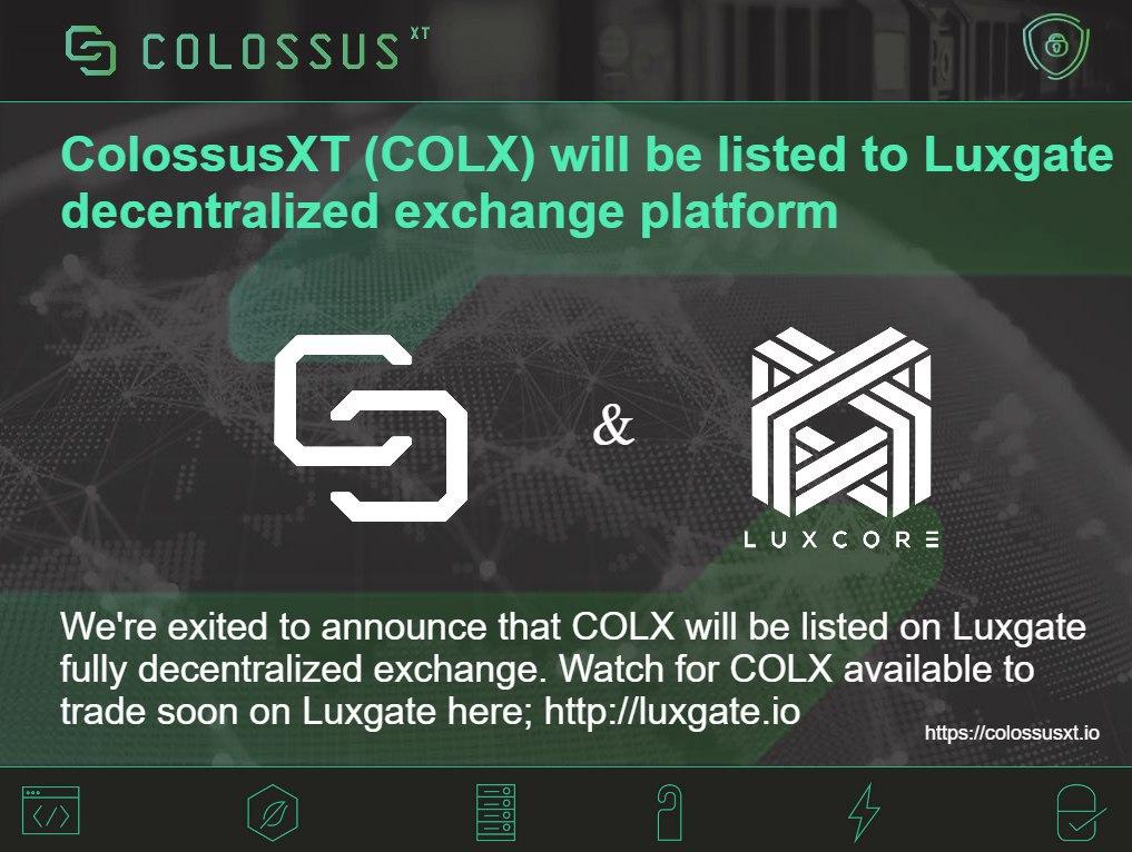 ColossusCoinXT's tweet photo. We're excited to announce $COLX will be listed on #Luxgate fully-decentralized #exchange. Watch for #COLX available to trade soon here https://t.co/zKk4FzTvOY
@LUX_COIN #DEX #masternodes #cryptonews #cryptocurrencies #blockchain $crypto #LUX $LUX #ColossusXT #spreadthegrid https://t.co/sbCtSyIzY5