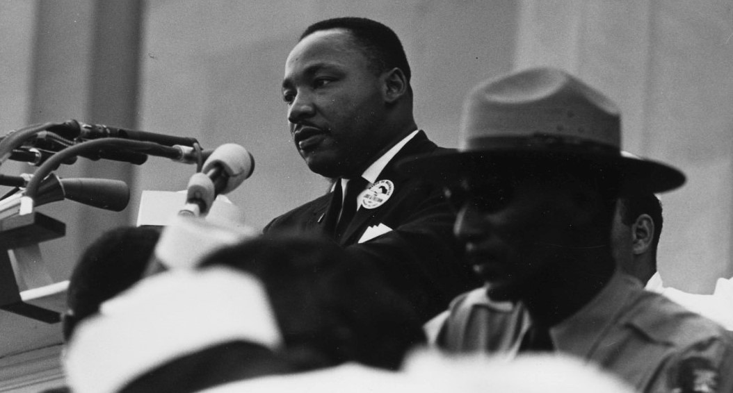 Historic photo of Martin Luther King speaking from the Lincoln Memorial.