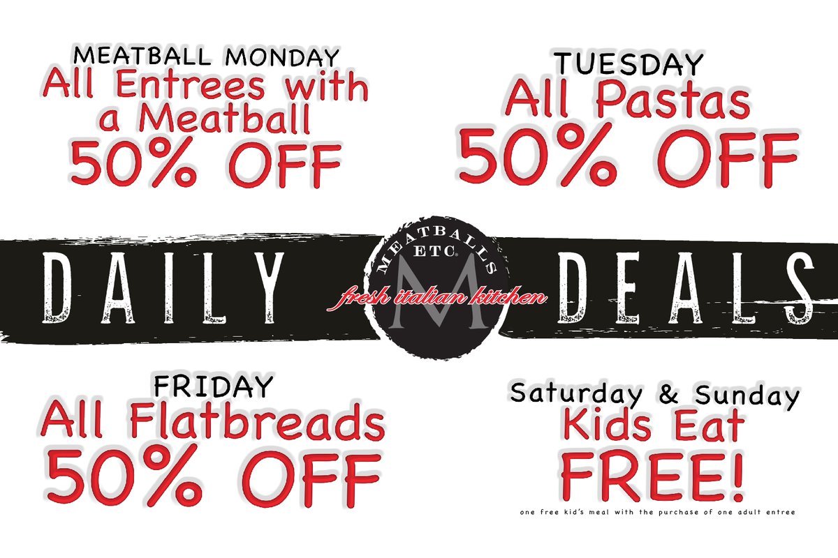 Did you know we offer daily deals almost every day of the week? Kick this week off with a delicious meatball entrée for HALF PRICE! #BestDealInTown #MeatballMonday #MeatballsEtc #HOCOEats