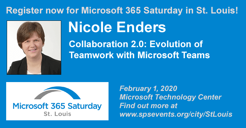 techeventsstl's tweet photo. Register now for #M365SatSTL to hear Nicole Enders present "Collaboration 2.0: Evolution of Teamwork with Microsoft Teams", on Feb. 1! https://t.co/rkrO9QP3k1 #Microsoft #M365 #Office365 #SharePoint #STL #StLouis #FreeTraining #Teams https://t.co/lCmbRfG6lR