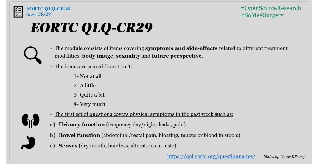 InesRPsurg's tweet photo. #OpenSourceResearch #OSRweek1 What questions does de EORTC QLQ CR-29 include? #patients #PatientExperience #PatientCare #qualityoflife #SoMe4Surgery @escp_tweets @EORTC_QLG https://t.co/ekuEr8Vp69
