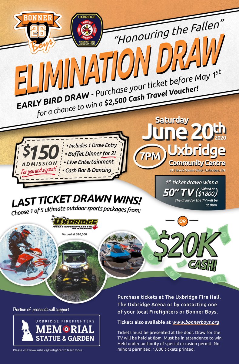 The <a href="/BonnerBoys26/">The Bonner Boys</a> and Uxbridge Firefighters are hosting an Elimination Draw to support the creation of the Uxbridge Firefighters Memorial Statue and Garden. Check out the amazing prizes! Get your ticket soon!