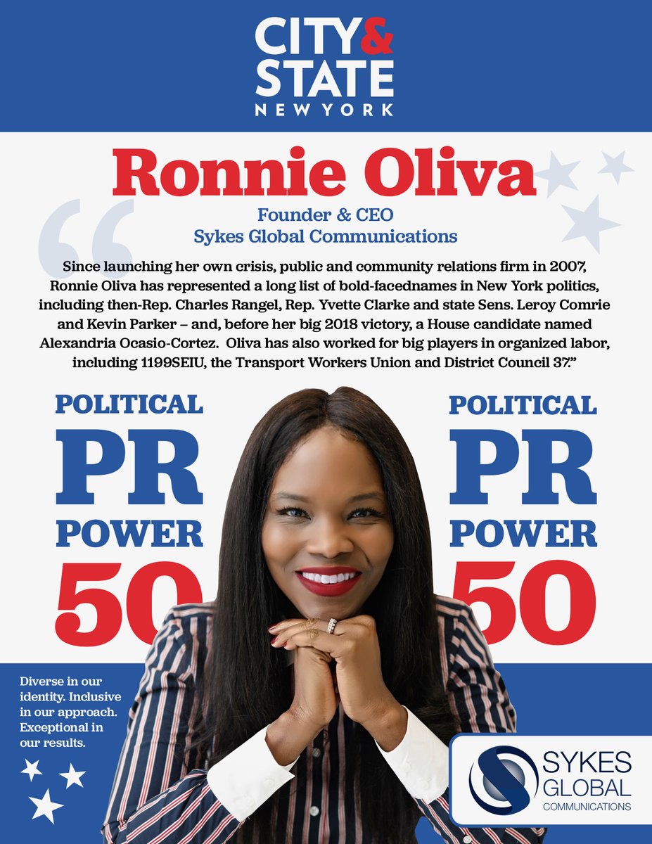 SykesGlobal's tweet photo. We are very proud to let you know that our Founder and CEO Ronnie Oliva has been named to City &amp; State’s Political PR Power 50. It's an honor for all of us to be part of her team.

Congratulations to Ronnie!

Here’s what City &amp; State had to say:

https://t.co/goOTuJGeIC https://t.co/zUwz9ifdq4
