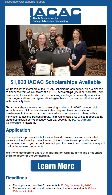MHSStudentServe's tweet photo. Reminder! Deadline approaching for the @IACAC  $1,000 scholarship.  Click here for more info: https://t.co/lh1r7IMXuh https://t.co/0sTSKi6fbZ