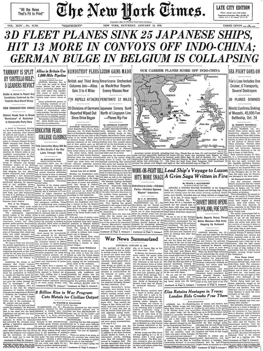 Jan. 13, 1945: 3D Fleet Planes Sink 25 Japanese Ships, Hit 13 More in Convoys Off Indo-China; German Bulge in Belgium is Collapsing  https://nyti.ms/2QFgfUI 