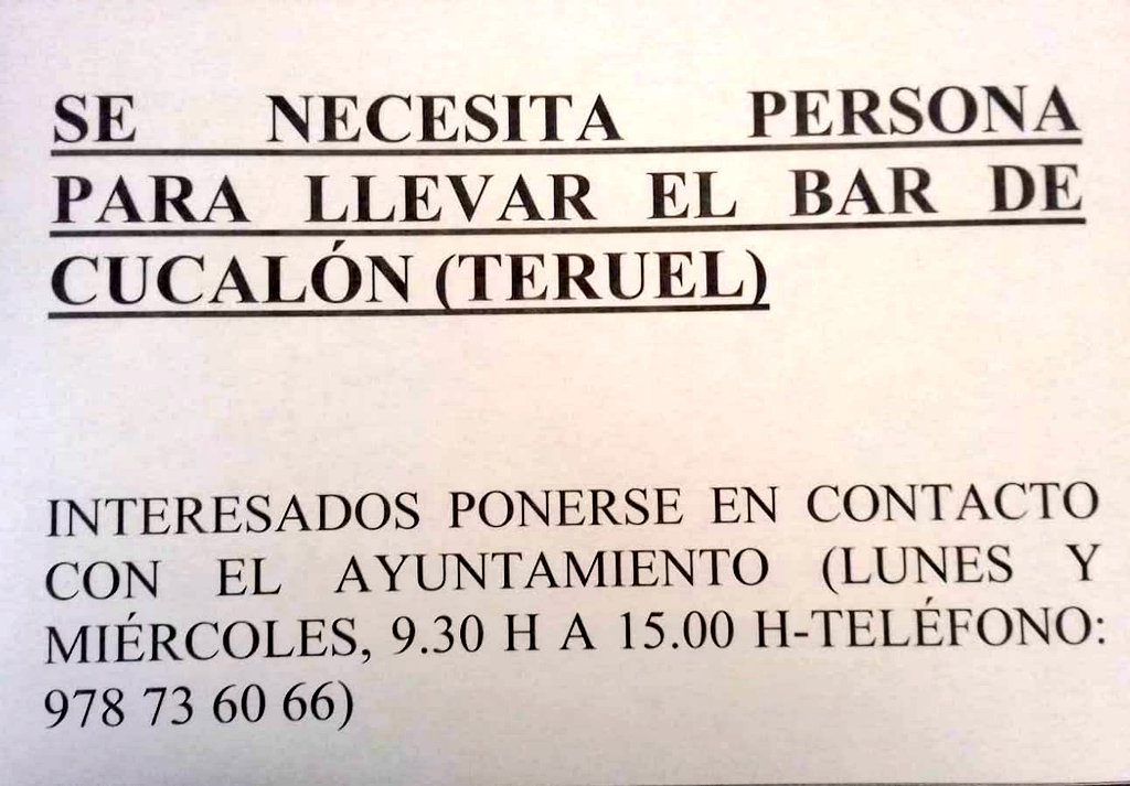 marieta_cucalon's tweet photo. Se necesita persona para llevar el bar de Cucalón (Teruel), desde el Ayuntamiento se ofrece empleo con el objetivo de frenar la despoblación en la provincia de Teruel y poder seguir ofreciendo un punto de reunión para familiares y amigos  a sus habitantes. #Cucalón #Teruel https://t.co/XiM0FQKSpt