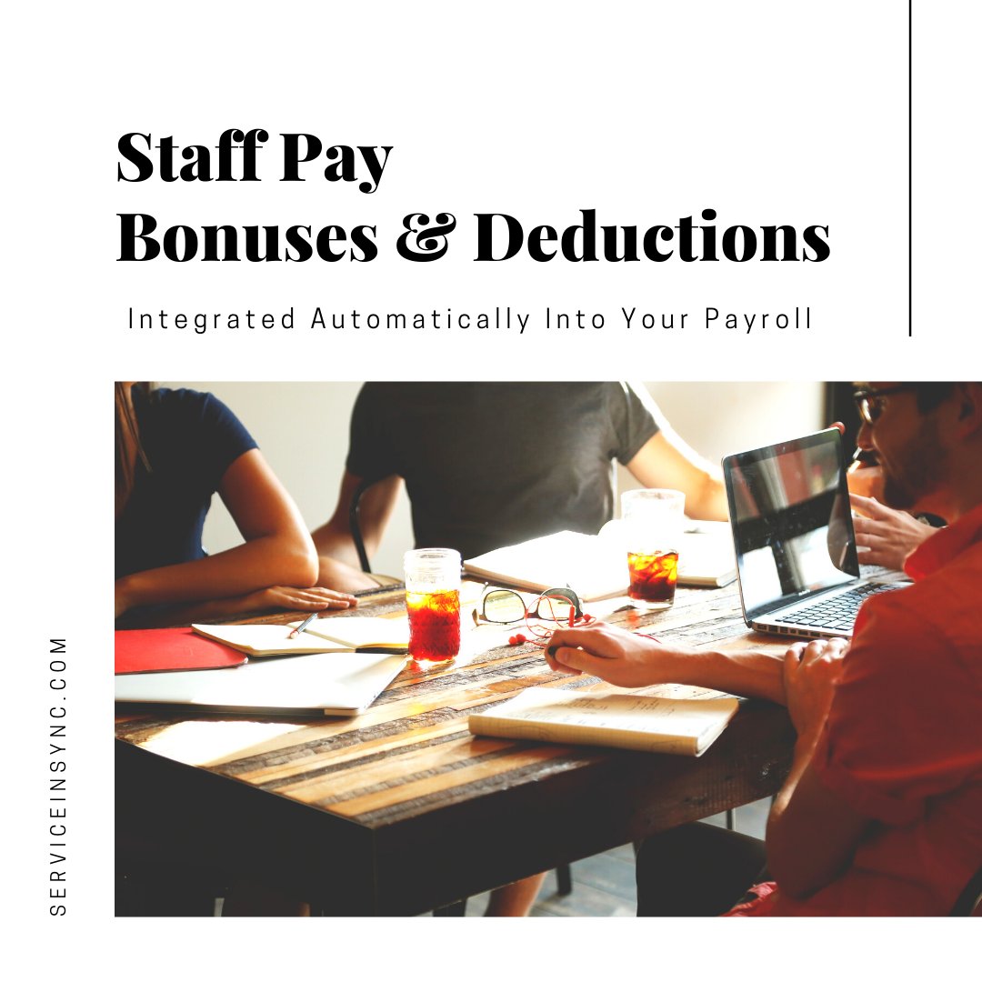 ServiceInSync's tweet image. No more trying to keep track of various different reimbursements, pay advances, deductions and so forth. Staff Pay and Deductions (Including reimbursements and pay advances) are automatically calculated into your current payroll period and available in the payroll summary.