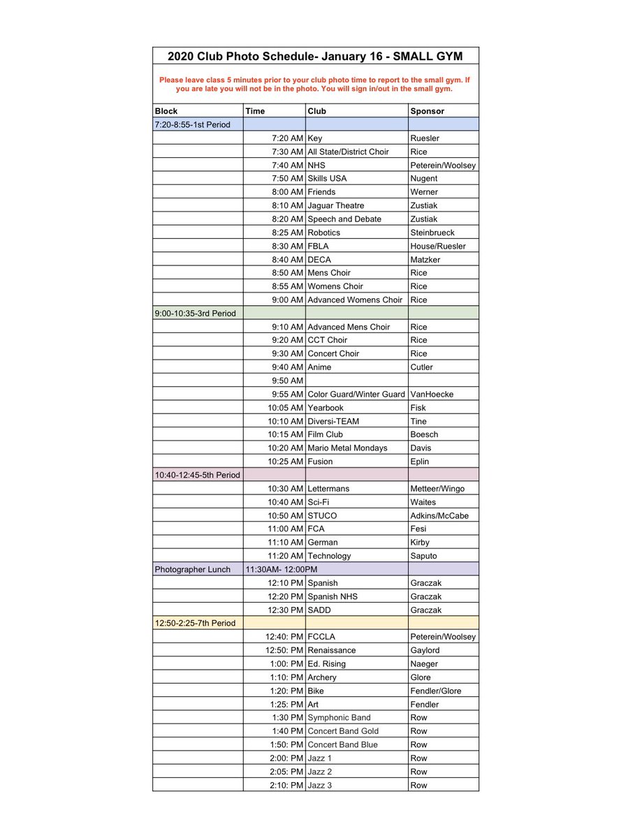 ⚠️Attention Students⚠️ Club Photo day is THIS THURSDAY! Please check this list if you are in any clubs so you know when you need to come down to the small gym! We will NOT call you down so it’s up to you to come down so you’re in the photo!!