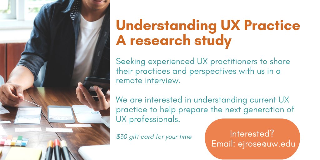 Flyer for a research study on Senior UX practitioners. Participate by being interviewed remotely. $30 gift card for your time. 