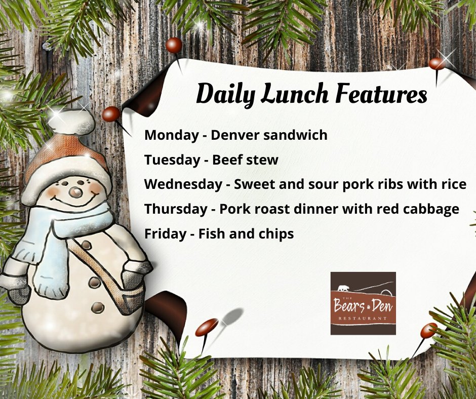 CoastPenticton's tweet photo. Warm-up with a delicious meal at our onsite restaurant, the Bear's Den Restaurant. They are open daily for breakfast and lunch from 7am-2pm. Here are the daily lunch features for this week. #Penticton #Breakfast #Lunch #BearsDen https://t.co/lqy5kayB2w