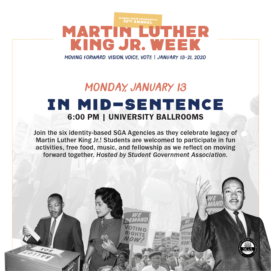 FSUDSA's tweet image. This week during #MLKweek2020, we honor and remember the legacy of Martin Luther King Jr. Come out today and join SGA Agencies for free food and music to start MLK Week! #SGAMLK