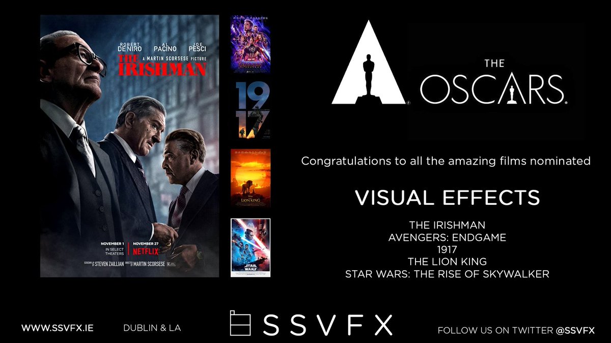Congratulations to all the wonderful Visual Effects Nominees of the 2020 Academy Awards. 

#OscarNoms <a href="/TheAcademy/">The Academy</a> <a href="/TheIrishmanFilm/">The Irishman</a> <a href="/ILMVFX/">Industrial Light & Magic</a> <a href="/SSVFX/">SSVFX</a>