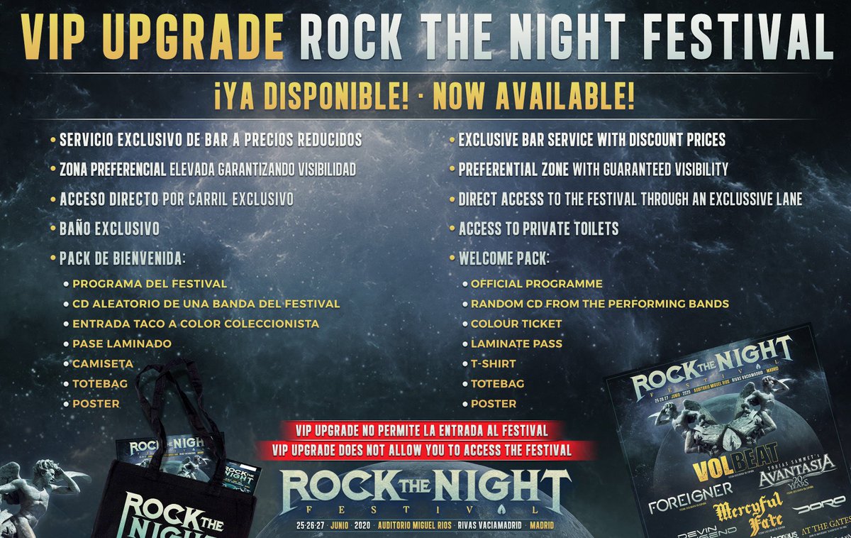 ⭐️ VIP Upgrade Rock The Night Festival ⭐️ ¡YA DISPONIBLE! 😀

🛍 Pack completo de merchandising.
🔝 ¡Ahórrate colas!
✅ Disfruta de tus grupos favoritos cómodamente.

▶️ Link de compra bit.ly/rtn-vipupgrade…

❗️El VIP upgrade no incluye la entrada al festival.