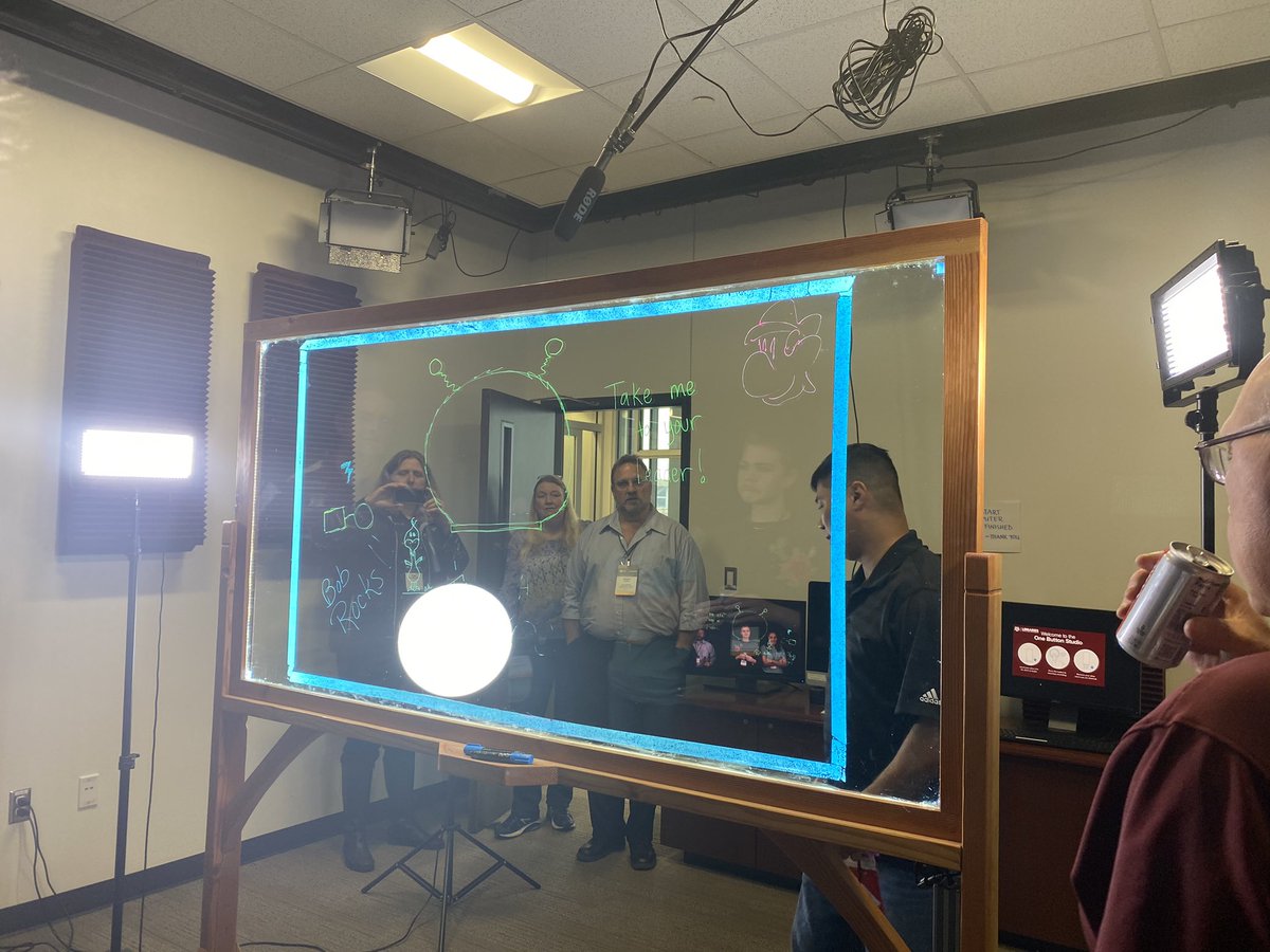 MaestraWohlferd's tweet photo. Learning Lightboard video 📹🎞🖥 production and editing with #onebuttonstudio at #STEM4innovation @SparkTAMU! So fun and I can’t wait to try some of this new stuff @canSTEM!! @Cannon2STEM #BeCannonProud https://t.co/TukWi6jrhP