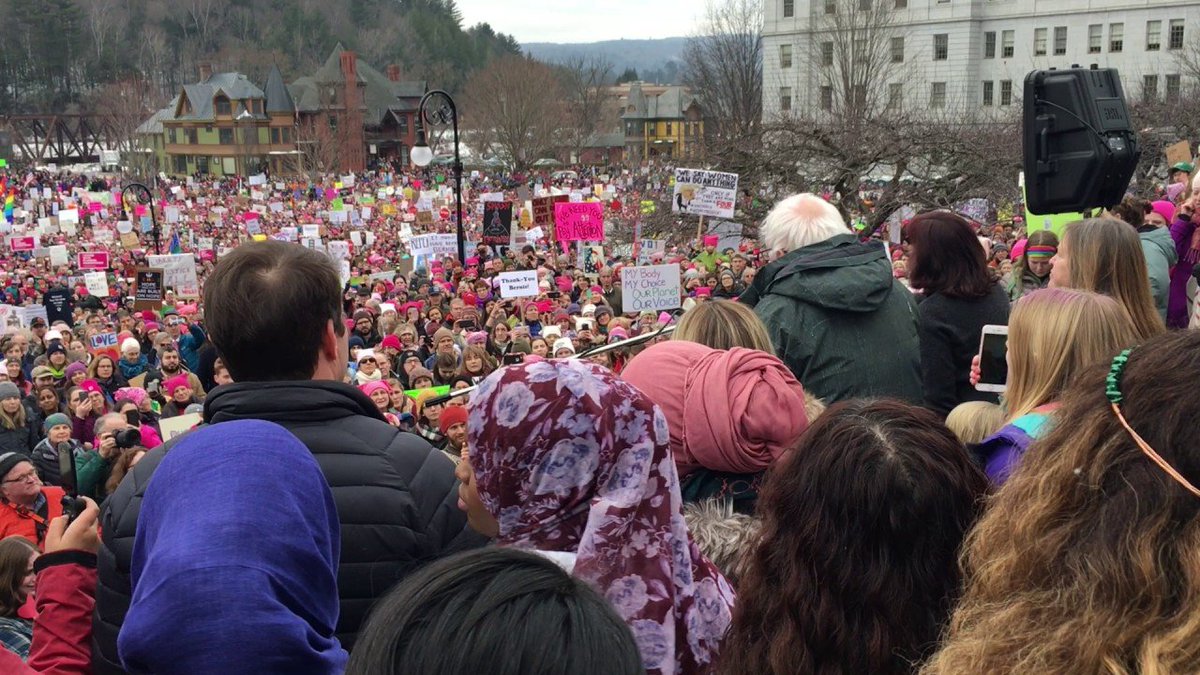 Here's a photo of Bernie speaking at the Women's' March after Trump won. Hillary never showed up. How Bernie has marched forward on the agenda to change America, even after losing, speaks volumes. #ITrustBernie