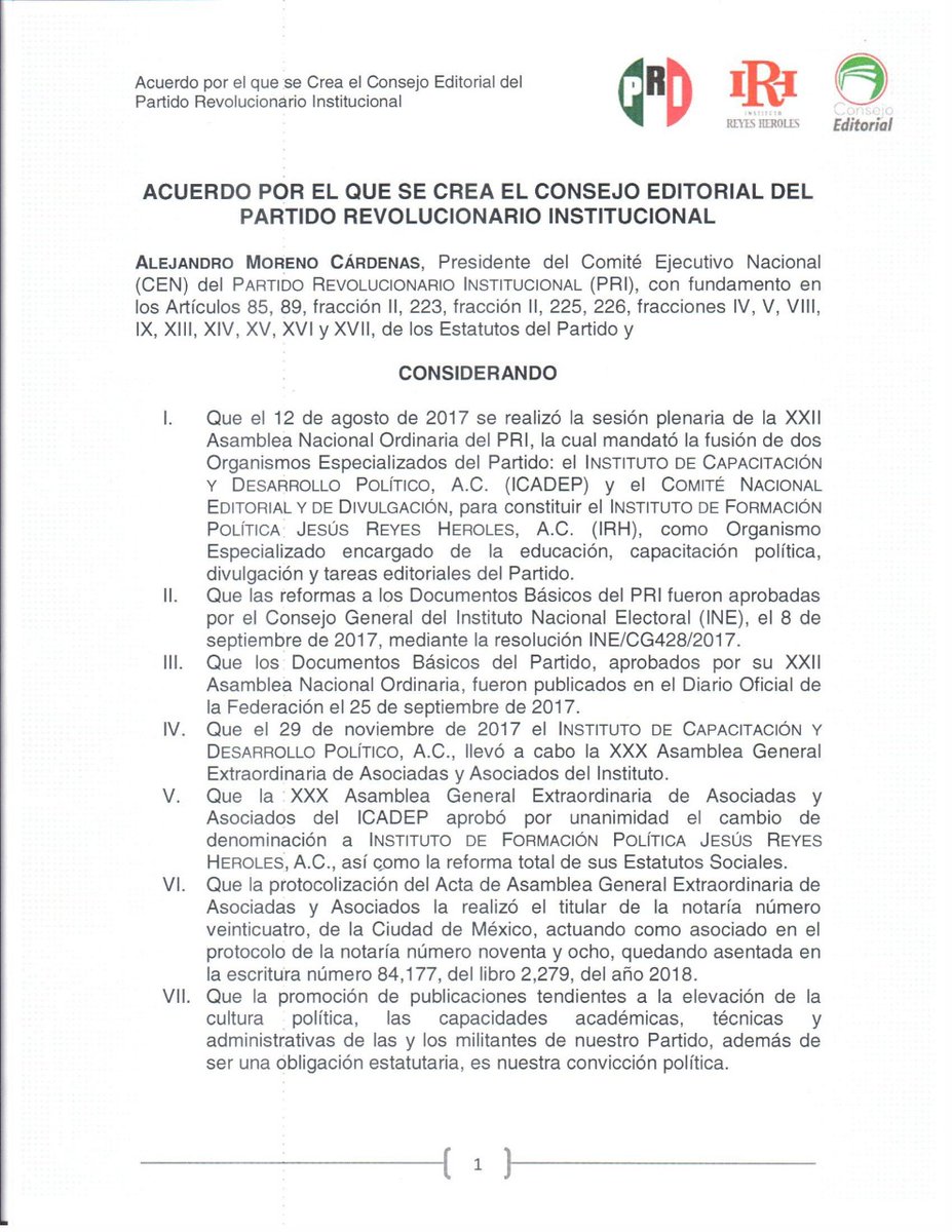 IRHnacional's tweet photo. 🖊 Acuerdo por el que se crea el Consejo Editorial del @PRI_Nacional. https://t.co/BQvmhM9d8w