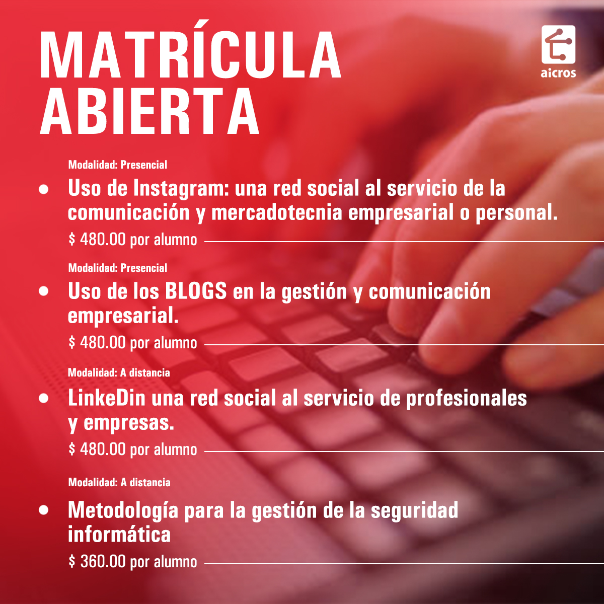 La Empresa de Informática y Automatización para la Construcción tiene matrícula abierta para varios cursos que pueden ser de su interés, no pierda la oportunidad.