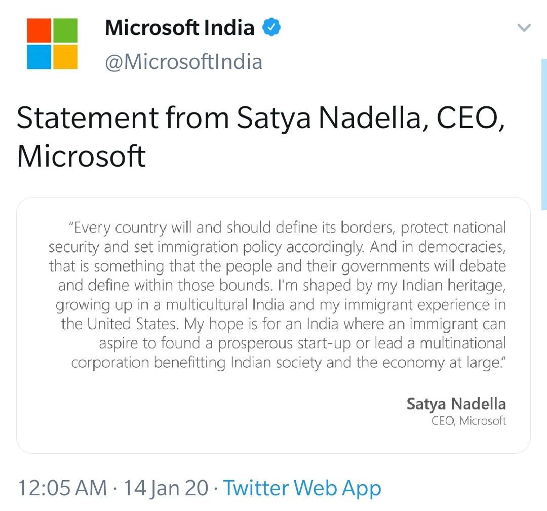 AdityaRajKaul's tweet photo. Microsoft CEO Satya Nadella: 'Every country will and should define its borders, protect national security and set immigration policy accordingly'. https://t.co/aHf08W2LzA